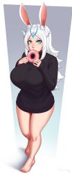 Rule 34 | 1girl, animal ears, barefoot, black sweater, blue eyes, blush, borrowed character, bottomless, breasts, doughnut, food, food in mouth, forehead jewel, full body, head wings, highres, huge breasts, long hair, looking at viewer, naked sweater, no pants, original, parted bangs, rabbit ears, razalor, ribbed sweater, solo, sponty (teh cait), standing, sweater, toes, white hair, wings