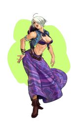 Rule 34 | 1girl, abs, angel (kof), betofu, boots, bra, bracelet, breasts, commission, hair over one eye, hat, highres, jewelry, large breasts, mexican dress, mexico, open clothes, open vest, short hair, skirt, smile, snk, solo, sombrero, the king of fighters, the king of fighters 2001, the king of fighters xiv, tomboy, toned, underwear, vest, white hair