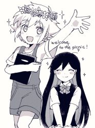 Rule 34 | basil (headspace) (omori), basil (omori), black hair, black sweater vest, blonde hair, book, bow, bowtie, collared shirt, collarless shirt, greyscale, hand up, head wreath, holding, holding book, long hair, looking at viewer, looking up, mari (headspace) (omori), mari (omori), monochrome, omori, open mouth, overalls, shirt, short hair, short sleeves, shorts, simple background, smile, sparkle, standing, sweater vest, white background, white hair, white shirt, xox xxxxxx