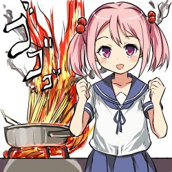 Rule 34 | 10s, 1girl, clenched hands, fire, frying pan, hair bobbles, hair ornament, kantai collection, looking at viewer, open mouth, pink eyes, pink hair, sazanami (kancolle), school uniform, serafuku, short hair, skirt, smile, smoke, solo, stove, takahiro (rikky), twintails, you&#039;re doing it wrong