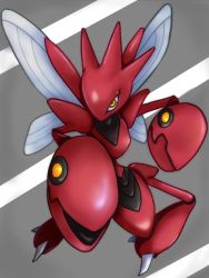 Rule 34 | akasi3bri, commentary request, creatures (company), full body, game freak, gen 2 pokemon, grey background, looking at viewer, nintendo, no humans, orange eyes, pincers, pokemon, pokemon (creature), scizor, solo, striped, striped background