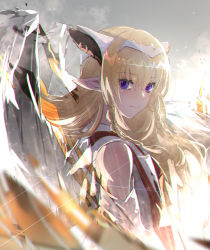 Rule 34 | 1girl, blonde hair, blue eyes, braid, detached sleeves, falia the queen of the mountains, grey sky, headpiece, long hair, looking at viewer, md5 mismatch, outdoors, pixiv fantasia, pixiv fantasia last saga, pointy ears, resolution mismatch, ryuuzaki ichi, sky, source larger, standing, twin braids, white wings, wings