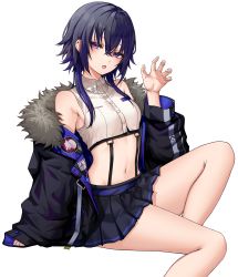 Rule 34 | 1girl, absurdres, bare shoulders, black coat, black skirt, blue hair, blush, breasts, buttons, claw pose, coat, collared shirt, crop top, ear piercing, earrings, fang, fur-trimmed coat, fur trim, half-closed eyes, hand up, highres, ichinose uruha, invisible chair, jewelry, kushinaka, long hair, long sleeves, looking at viewer, lupinus virtual games, midriff, miniskirt, multicolored hair, navel, off shoulder, open mouth, piercing, purple eyes, shirt, simple background, sitting, skirt, sleeveless, sleeveless shirt, small breasts, solo, streaked hair, stud earrings, suspender skirt, suspenders, virtual youtuber, vspo!, white background