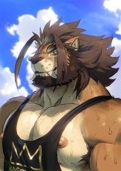 Rule 34 | 1boy, animal ears, armpit hair, armpit hair peek, bara, barong (housamo), blue eyes, blue sky, brown hair, colored sclera, commentary, facial mark, fangs, forehead mark, furry, furry male, highres, lion boy, lion ears, male focus, medium hair, muscular, muscular male, nipple slip, nipples, nose piercing, parted lips, piercing, rossciaco, sky, smile, snout, solo, spiked hair, sweat, thick eyebrows, tokyo houkago summoners, upper body, yellow sclera