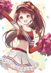 Rule 34 | 1girl, absurdres, arm up, armpits, blush, breasts, brown eyes, brown hair, cheering, cheerleader, collarbone, confetti, cropped shirt, elbow gloves, frilled skirt, frills, gloves, grid background, hair ribbon, hano9789, highres, holding, holding pom poms, idolmaster, idolmaster million live!, idolmaster million live! theater days, long hair, looking at another, medium breasts, midriff, navel, open mouth, outside border, pleated skirt, pom pom (cheerleading), pom poms, red gloves, red tank top, ribbon, shirt, skirt, smile, solo, standing, sweat, tanaka kotoha, tank top, visor cap, white skirt, yellow background, yellow ribbon