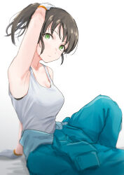 Rule 34 | 1girl, arm support, arm up, armpits, black hair, blue jumpsuit, blurry, blush, breasts, cleavage, closed mouth, clothes around waist, collarbone, depth of field, dot nose, from side, gloves, green eyes, hand on own head, harada miyo, highres, idolmaster, idolmaster cinderella girls, idolmaster cinderella girls starlight stage, jumpsuit, knee up, large breasts, looking at viewer, ponytail, short hair, simple background, sitting, solo, tank top, unu (unucence), white background, white gloves, white tank top, work gloves