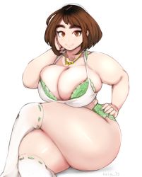 Rule 34 | 1girl, aged up, alternate breast size, boku no hero academia, breasts, breasts on lap, brown eyes, brown hair, bursting breasts, cleavage, collarbone, crossed legs, curvy, green panties, hand on own hip, highres, huge breasts, jewelry, keigi, looking at viewer, love handles, magatama, magatama necklace, mature female, necklace, panties, plump, short hair, sitting, smile, solo, thick eyebrows, thick thighs, thighhighs, thighs, underwear, underwear only, uraraka ochako, white background, white thighhighs, wide hips