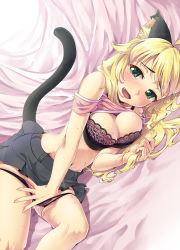 Rule 34 | 1girl, ahoge, animal ears, blonde hair, blush, bra, breasts, cat ears, cat tail, cleavage, clothes lift, curvy, dutch angle, fang, female masturbation, green eyes, hakkaku shikimi, holding, holding own hair, hoshii miki, idolmaster, idolmaster (classic), large breasts, lingerie, long hair, lying, masturbation, navel, on side, open mouth, panties, panty pull, pussy juice, shirt lift, solo, sweat, tail, tears, underwear