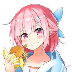Rule 34 | 1girl, bandaid, bandaid on cheek, bandaid on face, blue jacket, blue ribbon, blush, burger, collarbone, food, food on face, grin, hair between eyes, hair ornament, hair ribbon, half updo, hand up, head tilt, holding, holding food, hood, hood down, hooded jacket, jacket, looking at viewer, original, pink hair, purple eyes, ribbon, signature, simple background, smile, solo, sylphine, white background