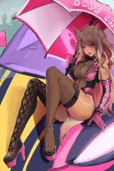 Rule 34 | 13addendum, 1girl, animal ear fluff, animal ears, asymmetrical footwear, blonde hair, breasts, car, checkered clothes, cleavage, elbow gloves, fate/grand order, fate (series), female focus, fox ears, gloves, headlight, heels, highres, holding, holding umbrella, large breasts, leaning back, leotard, long hair, looking to the side, mesh, motor vehicle, multicolored hair, pink gloves, race queen, sitting, sitting on car, smile, solo, streaked hair, suzuka gozen (fate), suzuka gozen (swimsuit rider) (fate), suzuka gozen (swimsuit rider) (first ascension) (fate), tail, tan, thighhighs, thighs, umbrella, yellow eyes