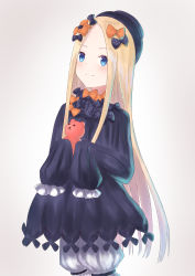 Rule 34 | 1girl, abigail williams (fate), absurdres, black bow, black dress, black hat, blonde hair, bloomers, blue eyes, blue hair, blush, bow, bug, butterfly, closed mouth, commentary request, dress, fate/grand order, fate (series), forehead, gradient background, gradient hair, grey background, hair bow, hat, highres, holding, holding stuffed toy, insect, long hair, long sleeves, looking at viewer, multicolored hair, orange bow, parted bangs, polka dot, polka dot bow, sleeves past fingers, sleeves past wrists, smile, solo, stuffed animal, stuffed toy, taryo, teddy bear, underwear, very long hair, white bloomers