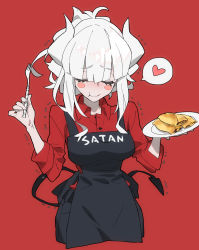 Rule 34 | 1girl, :t, alternate hairstyle, apron, black apron, black pants, blush stickers, buttons, closed eyes, closed mouth, collared shirt, commentary, cowboy shot, demon girl, demon horns, demon tail, eating, english text, folded ponytail, food, fork, hair up, heart, helltaker, highres, holding, holding fork, holding plate, horns, long hair, lucifer (helltaker), mole, mole under eye, ouma bunshichirou, pancake, pants, plate, red background, red shirt, shirt, sidelocks, simple background, solo, speech bubble, spoken heart, tail, white hair
