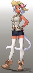 Rule 34 | 10s, 1girl, animal ears, ankle boots, boots, bracelet, cat ears, cat girl, cat tail, colored eyelashes, copyright name, earrings, facial mark, final fantasy, final fantasy xiv, flower, green eyes, hand on own hip, hat, hazuki gean, jewelry, miniskirt, miqo&#039;te, necklace, skirt, sleeveless, smile, solo, square enix, standing, straw hat, tail, thighhighs, white hair, white thighhighs