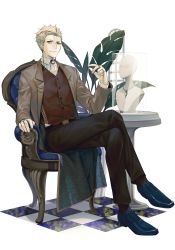 Rule 34 | 1boy, armchair, black pants, blue footwear, brown coat, brown vest, bust (sculpture), chair, checkered floor, closed mouth, coat, commentary request, copyright request, formal, green eyes, highres, jewelry, jh, crossed legs, light brown hair, long sleeves, male focus, on chair, open clothes, open coat, pants, pendant, plant, potted plant, ring, shoes, sitting, smile, solo, suit, transparent background, vest, window