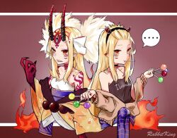 Rule 34 | ..., 1girl, bare shoulders, blonde hair, breasts, candy, cardigan, facial mark, fate/grand order, fate (series), fingernails, fire, food, forehead mark, hairband, highres, holding, holding candy, holding food, holding lollipop, horns, ibaraki douji (fate), japanese clothes, kimono, lollipop, long hair, looking at viewer, multiple views, off shoulder, oni, oni horns, pointy ears, rabbit king, sharp fingernails, sharp teeth, small breasts, spoken ellipsis, teeth, upper body, yellow eyes, yellow kimono
