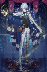 Rule 34 | 1boy, absurdres, asymmetrical legwear, blue cape, book, cape, character name, eyepatch, full body, green eyes, green vest, hand up, highres, indoors, looking at viewer, male focus, pants, pixiv fantasia, pixiv fantasia last saga, rezia, serpent constellation, snake, solo, standing, sword, uneven legwear, vest, weapon, white pants