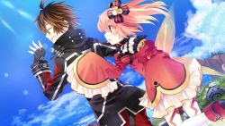Rule 34 | 1boy, 1girl, alyn (fairy fencer f), bare shoulders, blush, brown hair, closed eyes, fairy fencer f, fang (fairy fencer f), frills, game cg, official art, open mouth, red eyes, red hair, skirt, tsunako, twintails