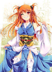 Rule 34 | 1girl, adapted costume, alternate hair length, alternate hairstyle, bare shoulders, blue dress, boots, breasts, brown eyes, brown hair, clothes lift, detached sleeves, dress, dress lift, female focus, grin, hair bobbles, hair ornament, highres, ichirino minagi, long hair, long sleeves, looking at viewer, no panties, obi, one eye closed, onozuka komachi, sash, side slit, smile, solo, thigh boots, thighhighs, touhou, two side up, white thighhighs, wide sleeves, wink