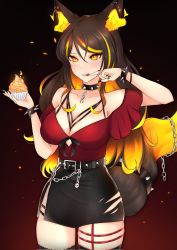 Rule 34 | 1girl, animal ear fluff, animal ears, belt, black belt, black choker, black nails, black skirt, black thighhighs, bracelet, breasts, brown hair, chain, choker, ciirilla (sullendaisy), cleavage, commentary, cupcake, ear piercing, english commentary, finger to mouth, flame-tipped tail, food, food on hand, highres, holding, holding food, indie virtual youtuber, jewelry, large breasts, long hair, looking at viewer, multicolored hair, multicolored tail, nail polish, orange eyes, orange hair, orange tail, piercing, red shirt, ring, second-party source, shirt, sinder (vtuber), skirt, spiked belt, spiked bracelet, spiked choker, spikes, streaked hair, tail, thigh strap, thighhighs, tongue, tongue out, virtual youtuber, wolf ears, wolf girl, wolf tail