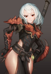 Rule 34 | 1girl, armor, flat chest, gloves, gradient background, hands on own hips, highres, loincloth, lolihorn, looking at viewer, monster hunter, monster hunter: world, monster hunter (series), odogaron (armor), red eyes, short hair, simple background, smile, solo, standing, sword, thick thighs, thighs, weapon, white hair, wide hips