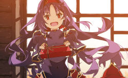 1girl :d armor box breastplate censored covered_navel detached_sleeves gift gift_box hairband highres holding holding_gift incoming_gift indoors long_hair long_sleeves open_mouth purple_hair red_eyes red_hairband shikei smile solo sword_art_online very_long_hair window yuuki_(sao)