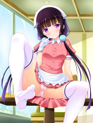 Rule 34 | 1girl, apron, bashen chenyue, blend s, blunt bangs, blush, breasts, cameltoe, ceiling light, closed mouth, commentary request, day, feet, food, frilled apron, frills, gloves, hair ornament, head scarf, head tilt, highres, indoors, ketchup, long hair, looking at viewer, low twintails, no shoes, omelet, omurice, on table, panties, pink panties, pink shirt, pink skirt, puffy short sleeves, puffy sleeves, purple eyes, purple hair, sakuranomiya maika, shirt, short sleeves, sitting, sitting on table, skirt, small breasts, smile, soles, solo, table, thighhighs, tsurime, twintails, underwear, uniform, very long hair, waist apron, waitress, white apron, white gloves, white thighhighs, window