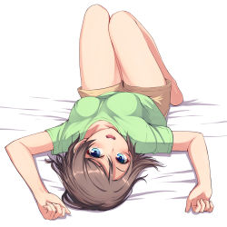 Rule 34 | 1girl, bare legs, barefoot, blouse, blue eyes, brown hair, full body, green shirt, highres, legs together, looking at viewer, love live!, love live! school idol festival, love live! sunshine!!, lying, nanotsuki, on back, open mouth, shirt, short hair, short sleeves, shorts, solo, t-shirt, teeth, thighs, upper teeth only, watanabe you
