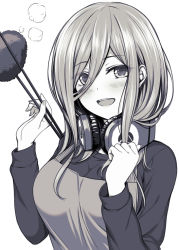 Rule 34 | 1girl, :d, apron, bad id, bad pixiv id, blush, breasts, commentary request, closed eyes, eyes visible through hair, fingernails, food, food request, go-toubun no hanayome, greyscale, hair between eyes, headphones, headphones around neck, long hair, long sleeves, looking at viewer, medium breasts, monochrome, mutsuba fumi, nakano miku, open mouth, simple background, smile, solo, steam, teeth, upper body, upper teeth only, white background