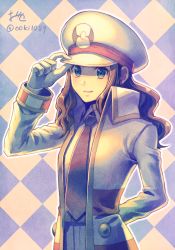 Rule 34 | 1girl, arm behind back, bad id, bad pixiv id, blue eyes, brown hair, checkered background, closed mouth, coat, collared shirt, cosplay, creatures (company), emmet (pokemon), emmet (pokemon) (cosplay), game freak, gloves, hat, hilda (pokemon), long hair, necktie, nintendo, ooki1089, open clothes, open coat, peaked cap, pokemon, pokemon bw, shirt, smile, solo, standing, twitter username, white coat, white gloves, white hat, white shirt, wing collar