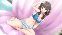 Rule 34 | 1girl, :d, amari mito, arm up, armpits, bare arms, bare legs, barefoot, bikini, blue bikini, blunt bangs, breasts, brown eyes, brown hair, cleavage, collarbone, frilled bikini, frills, fuyu kiss, game cg, groin, hair over shoulder, long hair, low twintails, medium breasts, mismatched bikini, navel, open mouth, sitting, smile, solo, swimsuit, twintails, unasaka ryou