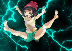Rule 34 | 1girl, absurdres, arms up, barefoot, beanie, black background, black hair, blue eyes, blush, breasts, creatures (company), electricity, electrocution, feet, female focus, full body, game freak, green shorts, hat, highres, nintendo, open mouth, poke ball theme, pokemon, pokemon sm, red hat, selene (pokemon), shirt, short hair, short sleeves, shorts, simple background, small breasts, solo, spread legs, tears, tenteco (covamin), tongue, tongue out, yellow shirt
