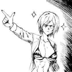 Rule 34 | 1girl, abs, belly, braid, breasts, closed mouth, collarbone, female focus, gutsbro14, hitomi-chan wa hitomishiri, jacket, large breasts, one eye closed, pointing, short hair, simple background, sketch, solo, takano hitomi, tomboy, upper body, white background, wink