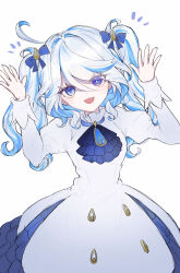 Rule 34 | 1girl, arms up, blue eyes, blue hair, commentary, dress, furina (genshin impact), genshin impact, heterochromia, highres, long hair, long sleeves, looking at viewer, open mouth, purple eyes, short twintails, sikaku, simple background, smile, standing, twintails, upper body, white background, white dress, white hair