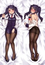 Rule 34 | 1girl, artist name, ass, bare shoulders, black hair, blush, breasts, censored, commentary request, dakimakura (medium), feet, finalcake, from behind, heart, heart censor, high heels, jill stingray, long hair, long sleeves, looking at viewer, medium breasts, multiple views, necktie, pantyhose, pencil skirt, purple hair, red eyes, shirt, sidelocks, skirt, soles, swept bangs, toes, twintails, va-11 hall-a, white shirt