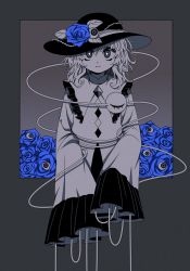 Rule 34 | 1girl, arms at sides, bad id, bad twitter id, blouse, blue flower, blue rose, buttons, closed mouth, diamond button, eyeball, eyeball hat ornament, flower, frilled shirt collar, frilled sleeves, frills, greyscale, hair between eyes, hat, hat flower, highres, komeiji koishi, leaf, long sleeves, looking at viewer, medium hair, monochrome, rose, safe3133, shirt, sleeves past fingers, sleeves past wrists, smile, solo, spot color, third eye, thorns, touhou, upper body, wavy hair, wide sleeves