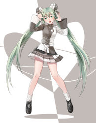 Rule 34 | 1girl, :d, asymmetrical clothes, black footwear, brown skirt, double bun, floating hair, full body, green eyes, green hair, hair between eyes, hair bun, hatsune miku, head tilt, highres, ice (jinqinglin77), long hair, looking at viewer, loose socks, miniskirt, open mouth, pleated skirt, shoes, skirt, smile, socks, solo, twintails, ura-omote lovers (vocaloid), very long hair, vocaloid, white legwear