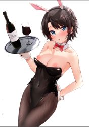 Rule 34 | 1girl, animal ears, aqua eyes, bare shoulders, black leotard, blush, bottle, braid, breasts, breasts out, brown hair, buttons, closed mouth, collarbone, covered navel, cup, detached collar, drinking glass, ex idol, fake animal ears, fake tail, fishnet pantyhose, fishnets, glass, hair ornament, hand on own hip, head tilt, highleg, highleg leotard, highres, holding, holding tray, hololive, leotard, looking at viewer, medium breasts, nipples, oozora subaru, page number, pantyhose, rabbit tail, shiny clothes, shiny skin, short hair, simple background, solo, strapless, strapless leotard, tail, tray, virtual youtuber, white background, wine bottle, wine glass, wrist cuffs