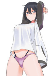 Rule 34 | 1girl, arms behind head, arms up, aru (aru 4ru), bad id, bad pixiv id, bikini, black hair, blue eyes, blush, breasts, closed mouth, commentary, cowboy shot, dolphin wave, from below, gluteal fold, hair between eyes, jacket, large breasts, long sleeves, looking at viewer, looking down, multi-strapped bikini bottom, no pants, open clothes, open jacket, pocket, purple bikini, see-through silhouette, shirt, shirt overhang, short hair, simple background, solo, standing, stomach, stretching, suminoe shion, swimsuit, white background, white jacket, white shirt