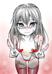 Rule 34 | 1girl, bare shoulders, bikini, blue eyes, blush, breasts, burn scar, cowboy shot, dorei to no seikatsu ~teaching feeling~, double v, female focus, gradient background, grey hair, heart pasties, highres, leaning forward, long hair, looking at viewer, monochrome, navel, pasties, red bikini, red thighhighs, scar, slingshot swimsuit, small breasts, smile, solo, swimsuit, sylvie (dorei to no seikatsu), thighhighs, tom-brown, v