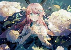 Rule 34 | 1girl, animal ears, blue dress, blue eyes, closed mouth, commentary, dress, female focus, flower, hair ornament, heart, heart hair ornament, highres, lobelia (saclia), long hair, looking at viewer, original, oversized flower, own hands clasped, own hands together, pink hair, rabbit ears, smile, solo, star (symbol), upper body, white flower