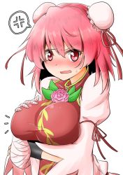 Rule 34 | 1girl, bandages, bandaged arm, breast hold, breasts, commentary request, highres, ibaraki kasen, juliet sleeves, large breasts, long sleeves, looking at viewer, oshiaki, parted lips, pink eyes, pink hair, puffy sleeves, short hair, solo, touhou, wristband