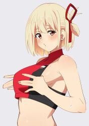 Rule 34 | 1girl, adjusting clothes, bare shoulders, blonde hair, blush, bob cut, breasts, commentary request, cropped shirt, from side, hair ribbon, hands up, highres, large breasts, looking at viewer, lycoris recoil, nishikigi chisato, o3o, one side up, puckered lips, red eyes, red ribbon, red shirt, ribbon, sakura 1110ssmm, shirt, short hair, sideboob, simple background, sleeveless, sleeveless shirt, solo, sweat, upper body, white background