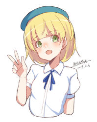 Rule 34 | 1girl, :d, beret, blonde hair, blue hat, blue ribbon, blush, collared shirt, cropped torso, dated, green eyes, hand up, hat, head tilt, looking at viewer, maze (gochama ze gohan), neck ribbon, open mouth, original, puffy short sleeves, puffy sleeves, ribbon, shirt, short sleeves, signature, simple background, sketch, smile, solo, upper body, v, white background, white shirt