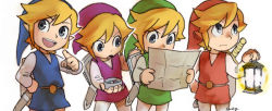 Rule 34 | 4boys, alternate costume, blonde hair, blue eyes, compass, dual persona, hat, lamp, link, male focus, map, multiple boys, multiple persona, nintendo, ponky, sheath, shield, shield on back, smile, sword, the legend of zelda, the legend of zelda: four swords, toon link, weapon