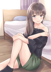 Rule 34 | 1girl, ankle socks, bare shoulders, bed, black eyes, black footwear, black shirt, blue theme, brown hair, collarbone, commentary request, curtains, green shorts, hand on own shoulder, hugging own legs, indoors, knee up, long hair, looking at viewer, no shoes, off-shoulder shirt, off shoulder, on floor, original, pillow, shirt, short shorts, shorts, smile, socks, solo, wide sleeves, wooden floor, yukimaru217