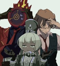 Rule 34 | 1boy, 1girl, 1other, arms up, black gloves, black shirt, brown hair, charon (project moon), cigarette, clock, coat, collared shirt, dante (limbus company), dress, fire, glasses, gloves, gregor (project moon), grey dress, grey headwear, hat, highres, limbus company, long hair, low twintails, meisenlcb, necktie, object head, project moon, red coat, red necktie, shako cap, shirt, simple background, twintails, very long hair, white background