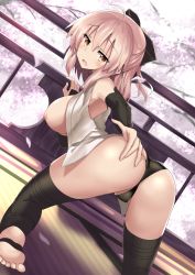 Rule 34 | 1girl, ahoge, all fours, ass, bare shoulders, blush, bow, breasts, brown eyes, deep skin, fate/grand order, fate (series), from behind, hair bow, hand on ass, highres, japanese clothes, kimono, large breasts, looking at viewer, looking back, minato yoshihiro, nipples, okita souji (fate), okita souji (koha-ace), open mouth, panties, pink hair, shiny skin, short hair, short kimono, sideboob, solo, thighhighs, underwear, upskirt
