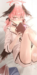 Rule 34 | 1girl, black choker, black wings, blue archive, blush, book, choker, closed mouth, flat chest, haruri, head wings, highres, holding, holding book, koharu (blue archive), long hair, pink eyes, pink hair, shirt, shorts, sleeves past elbows, solo, twintails, white shirt, white shorts, wings