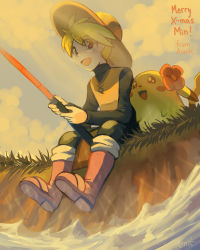 Rule 34 | 1girl, :d, aonik, black eyes, blonde hair, blue sky, boots, brown eyes, chuchu (pokemon), cloud, cloudy sky, commentary, creatures (company), day, english commentary, english text, fishing, fishing rod, flower, game freak, gen 1 pokemon, grass, hair flower, hair ornament, happy, highres, holding, holding fishing rod, looking at viewer, nintendo, on ground, open mouth, outdoors, pants, pikachu, pokemon, pokemon (creature), pokemon adventures, short hair, sitting, sky, smile, water, yellow (pokemon)