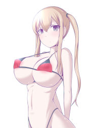 Rule 34 | 10s, 1girl, areola slip, arms behind back, bare shoulders, bikini, blonde hair, blush, breasts, commentary, covered erect nipples, female focus, graf zeppelin (kancolle), grey eyes, hair between eyes, hassen (8cm), highleg, highleg bikini, highleg swimsuit, kantai collection, large breasts, light frown, long hair, looking at viewer, micro bikini, navel, no headwear, pale skin, sidelocks, simple background, solo, strap gap, swimsuit, twintails, v arms, white background